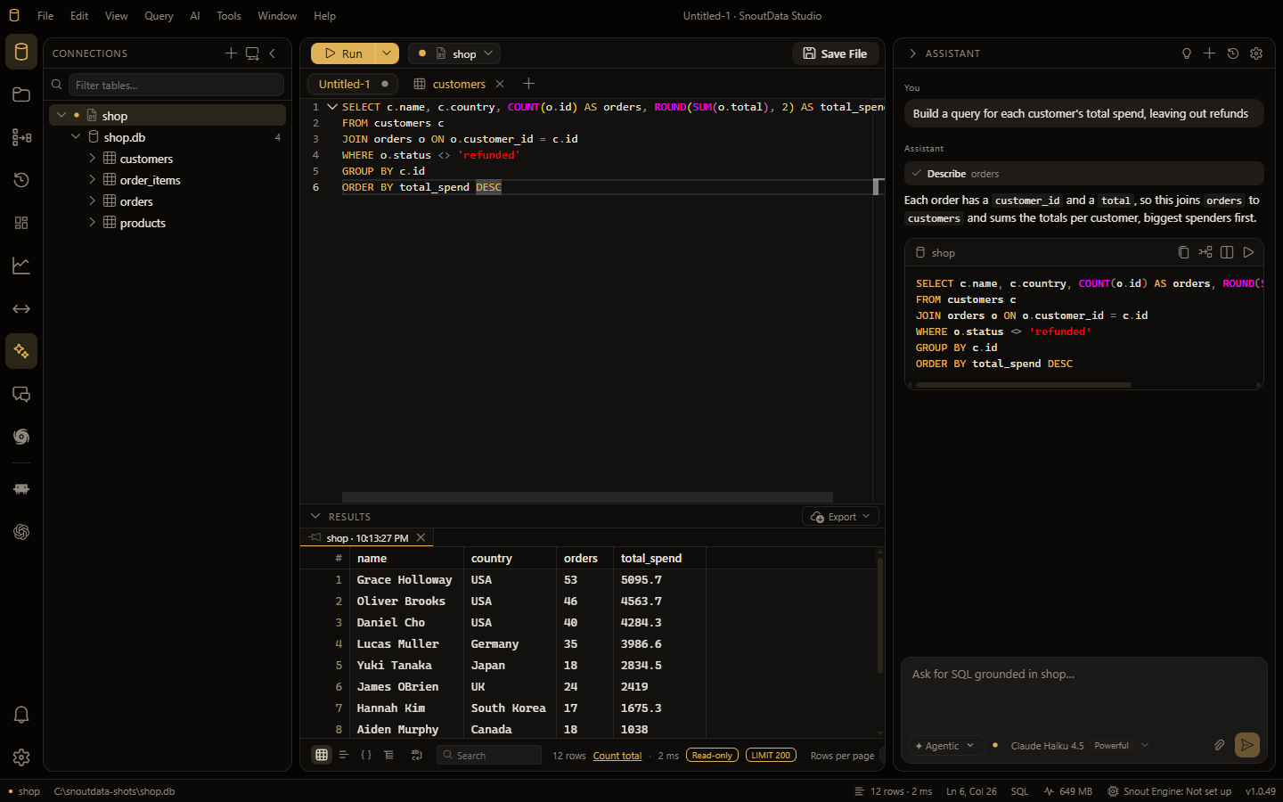 The editor with a query, the results grid below, and the AI assistant alongside