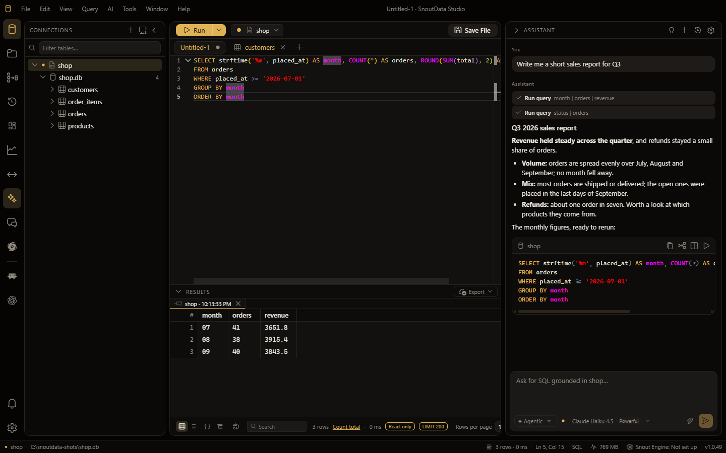 The assistant building a report from query results