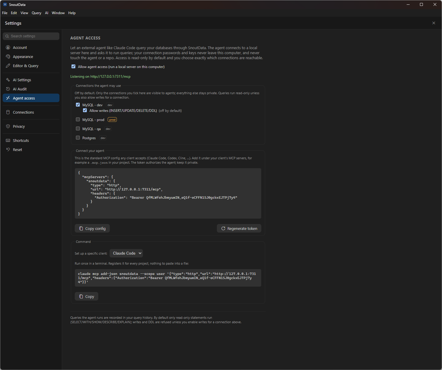 The Agent access settings: local server, per-connection access, and the MCP config