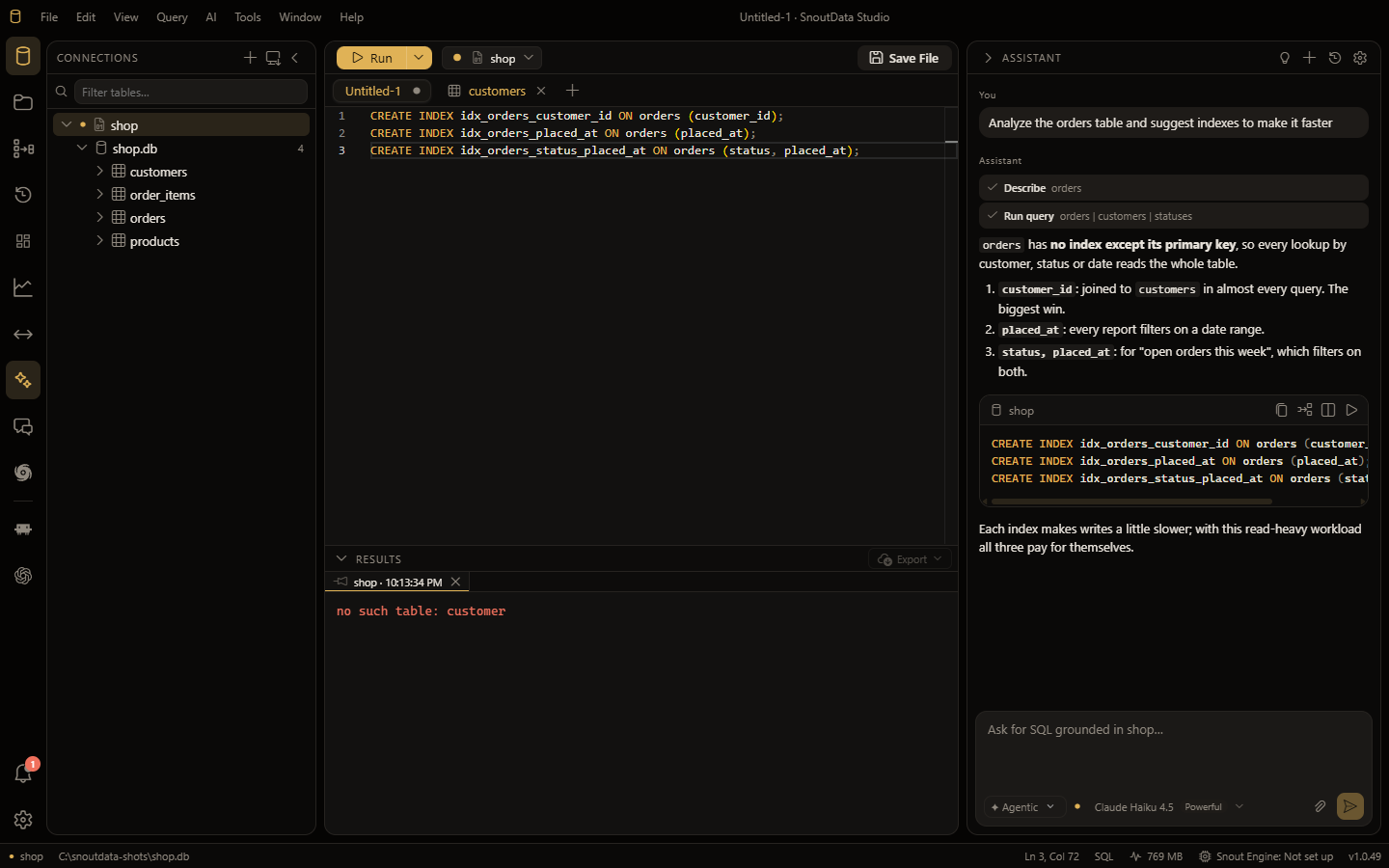 The assistant suggesting indexes and table improvements