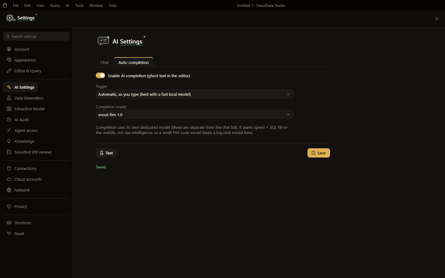 The Auto-completion settings: enable, trigger, and completion model
