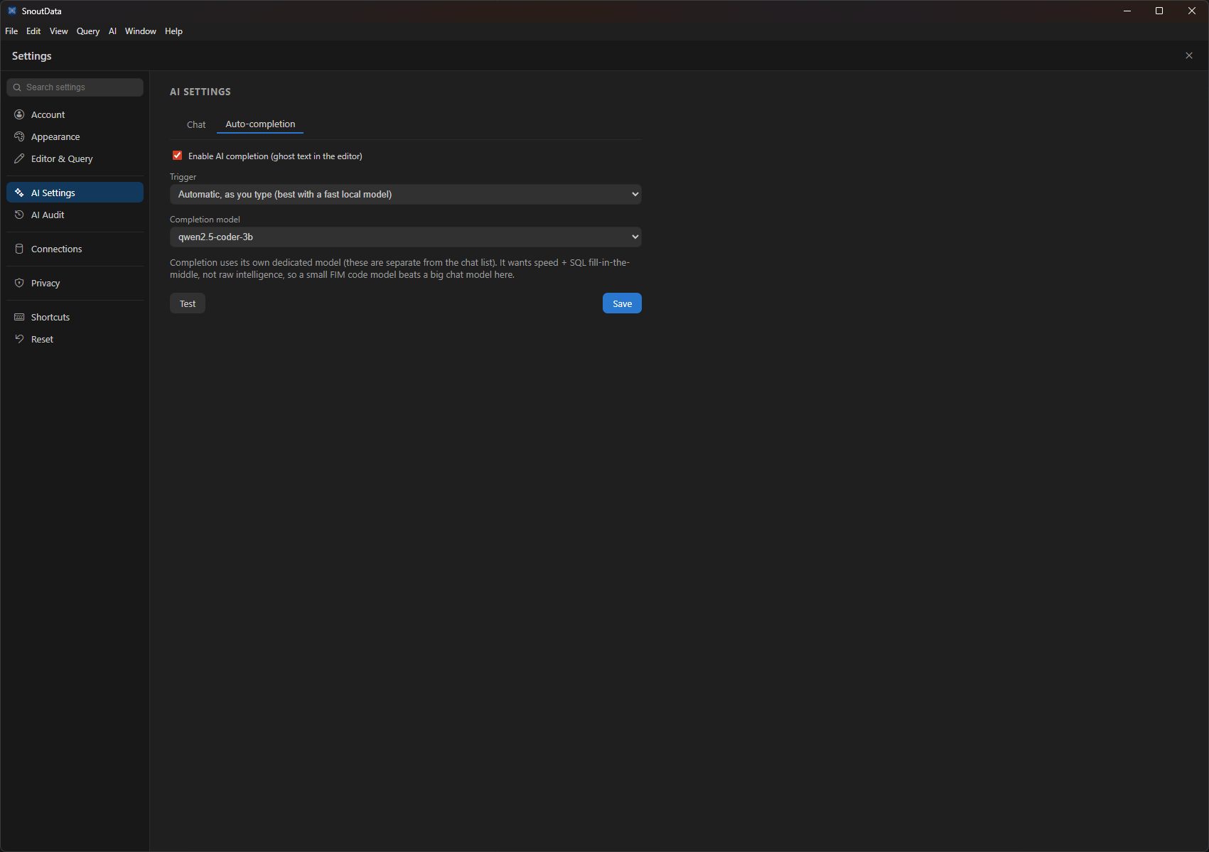 The Auto-completion settings: enable, trigger, and completion model