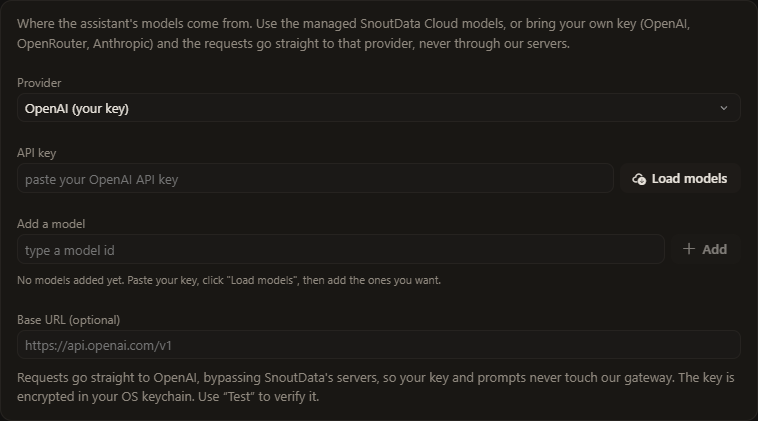 The BYOK provider settings: pick a provider, paste a key, add a model, optional base URL