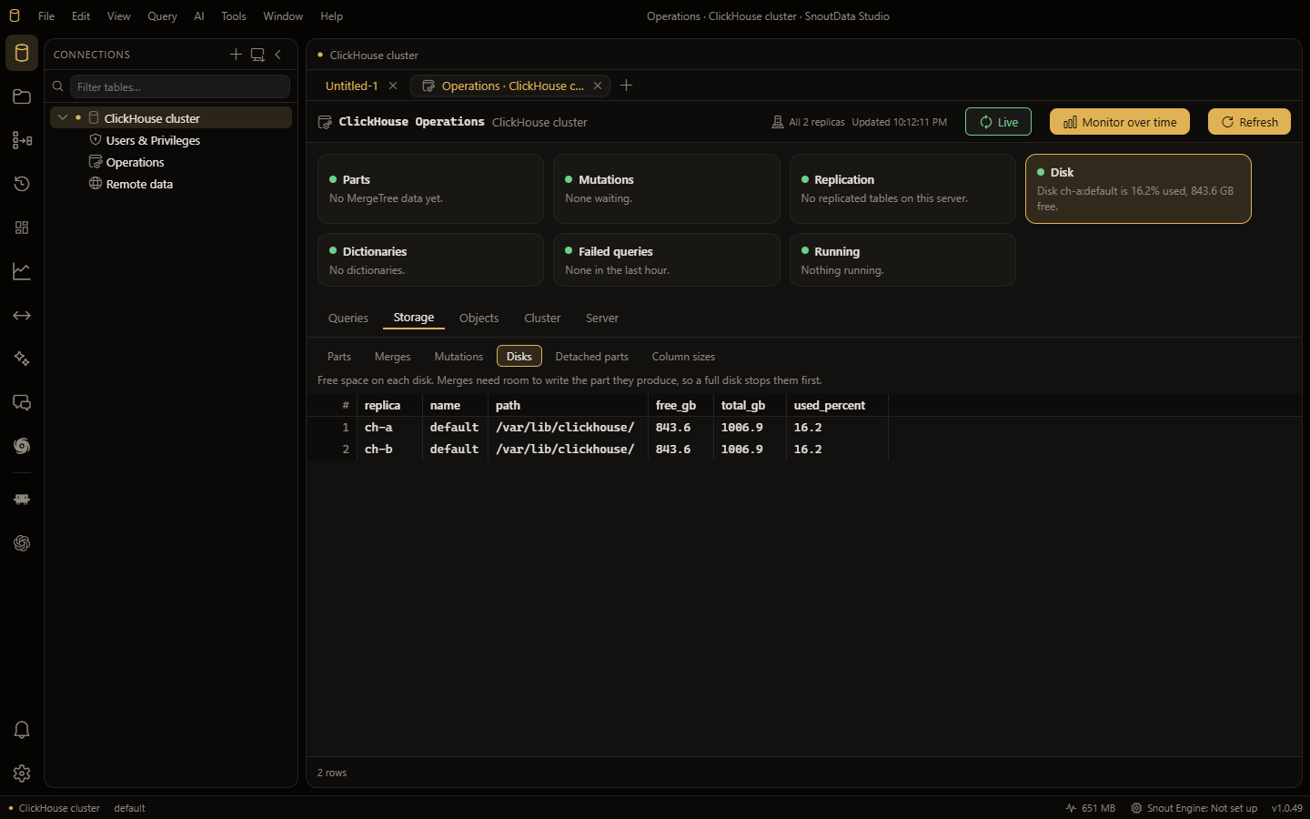 ClickHouse Operations: health cards, and each replica's disks read in one view