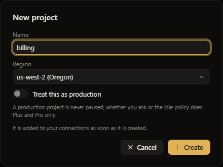 The New project dialog: a name, the region, and a switch to treat the project as production