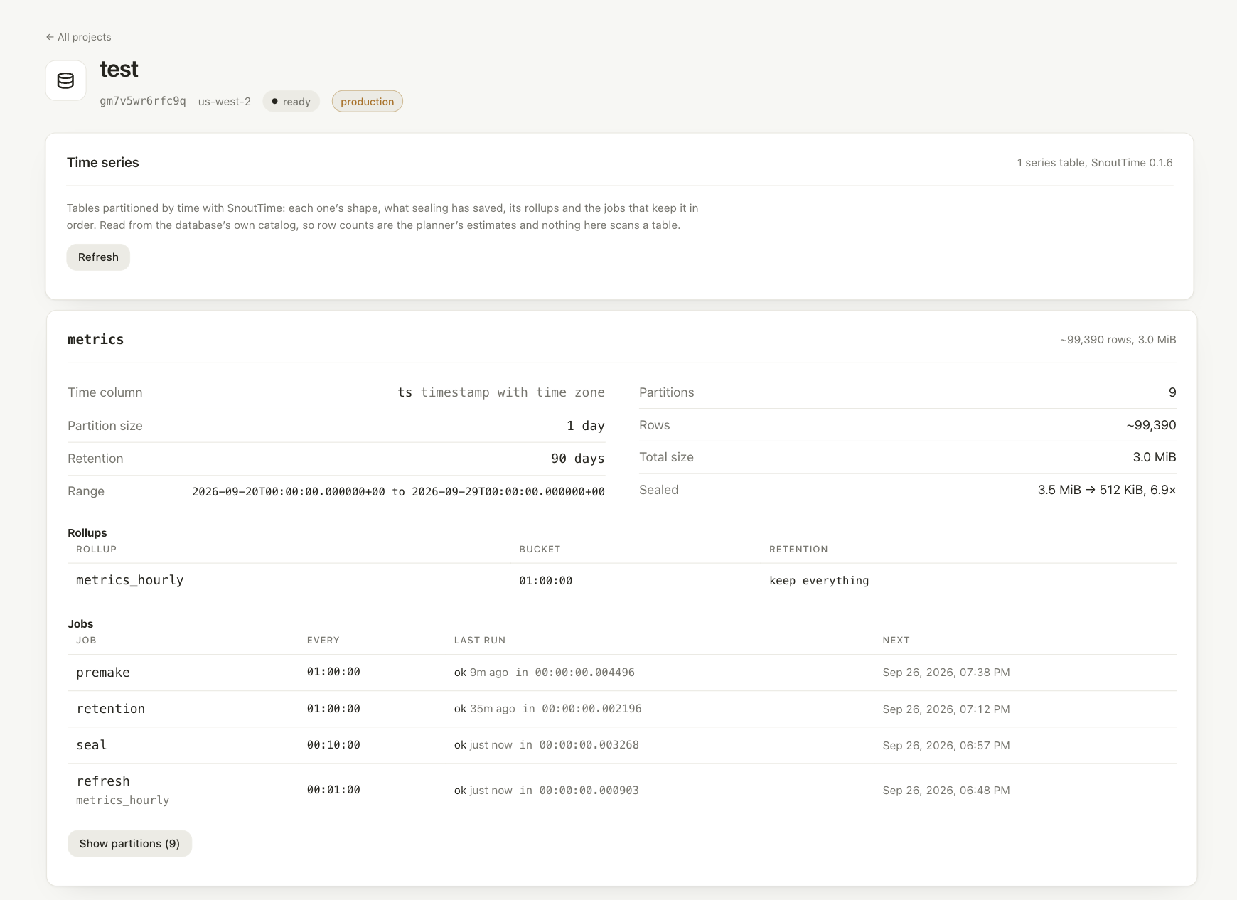 The dashboard's Time series tab: the metrics series card with its time column, partition size and 90 days' retention, 9 partitions with sealed days at 3.5 MiB down to 512 KiB (6.9x), its hourly rollup, and its four jobs, each ok