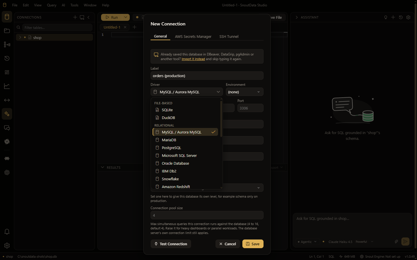 The driver picker in the new connection form: file-based engines (SQLite, DuckDB), then the relational ones from MySQL and PostgreSQL to Snowflake and Redshift
