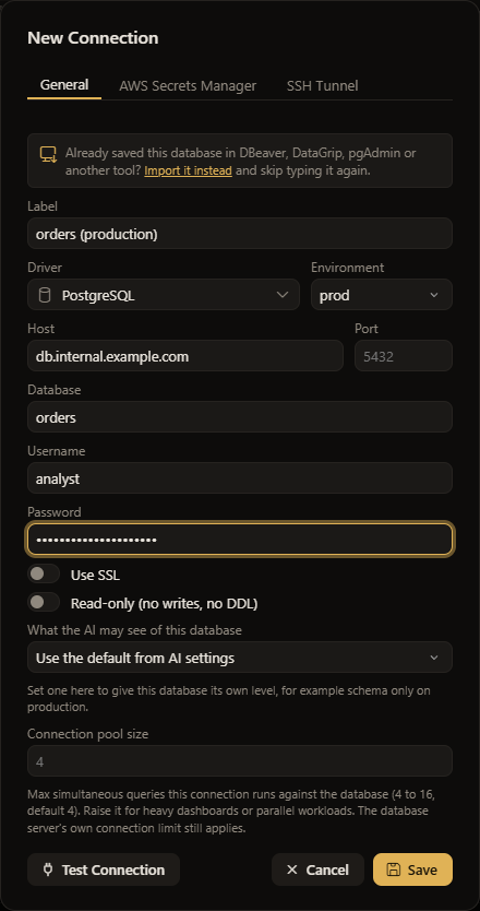 The new connection form: driver, host, database, credentials, with Test Connection