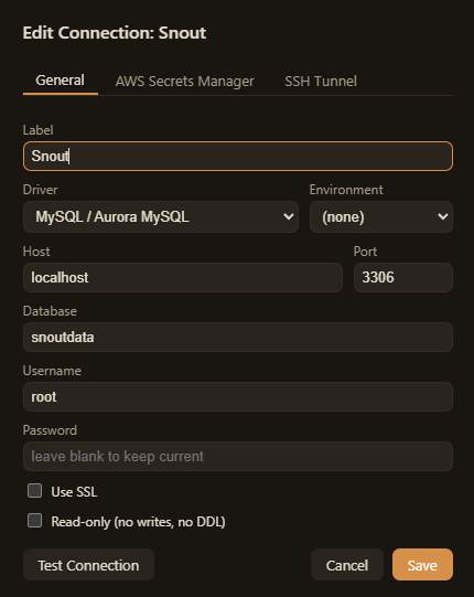The new connection form: driver, host, database, credentials, with Test Connection