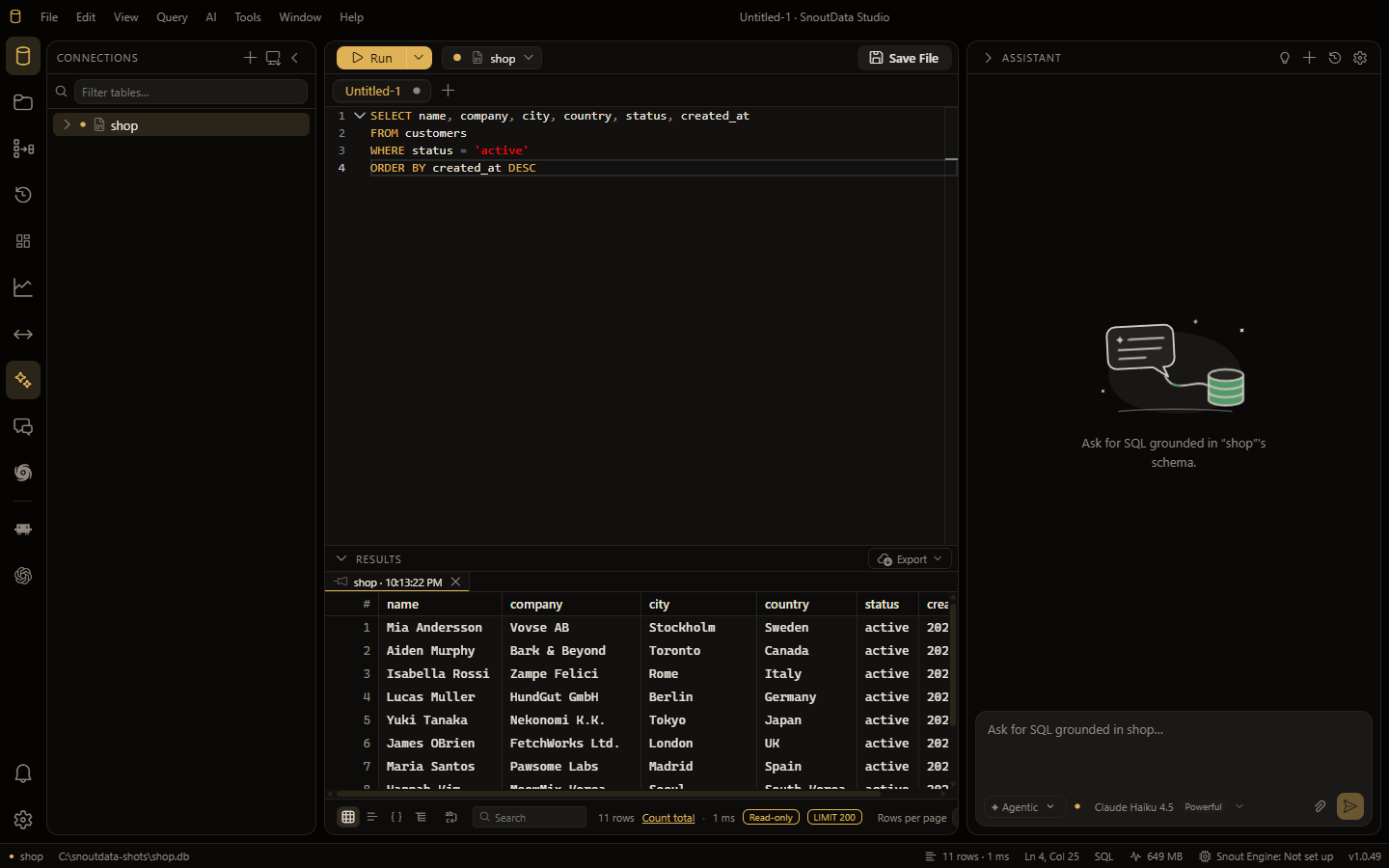 The editor: a query in a tab, the connection it runs on in the toolbar, and its rows in the grid below