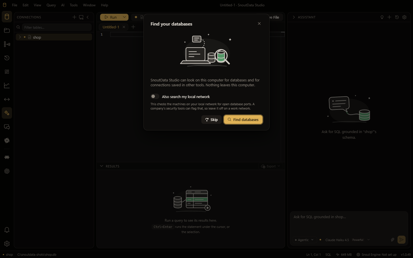 Find your databases: what it will search, a switch to include the local network, and Find databases