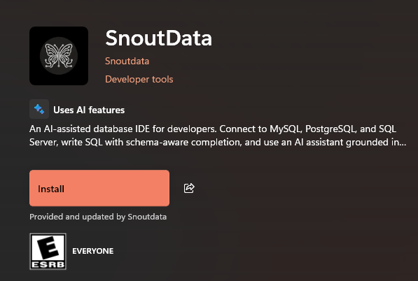 The SnoutData listing in the Microsoft Store, with the Install button