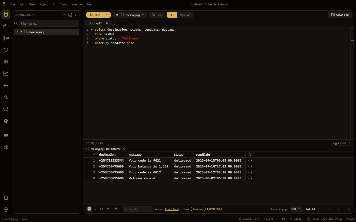 SQL against a MongoDB collection, with the editor's SQL and Pipeline switch in the toolbar