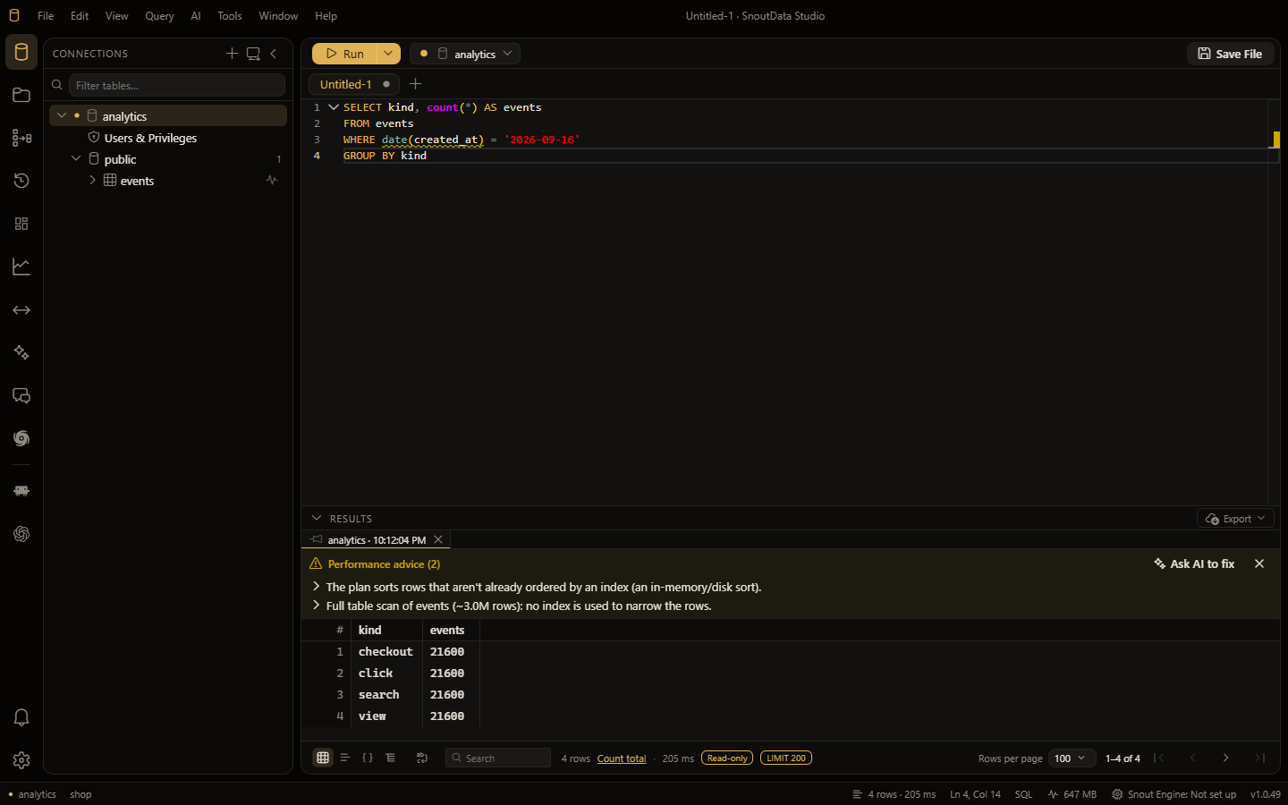 A slow query on Postgres: the advice above its results names the full scan, with Ask Liby to fix