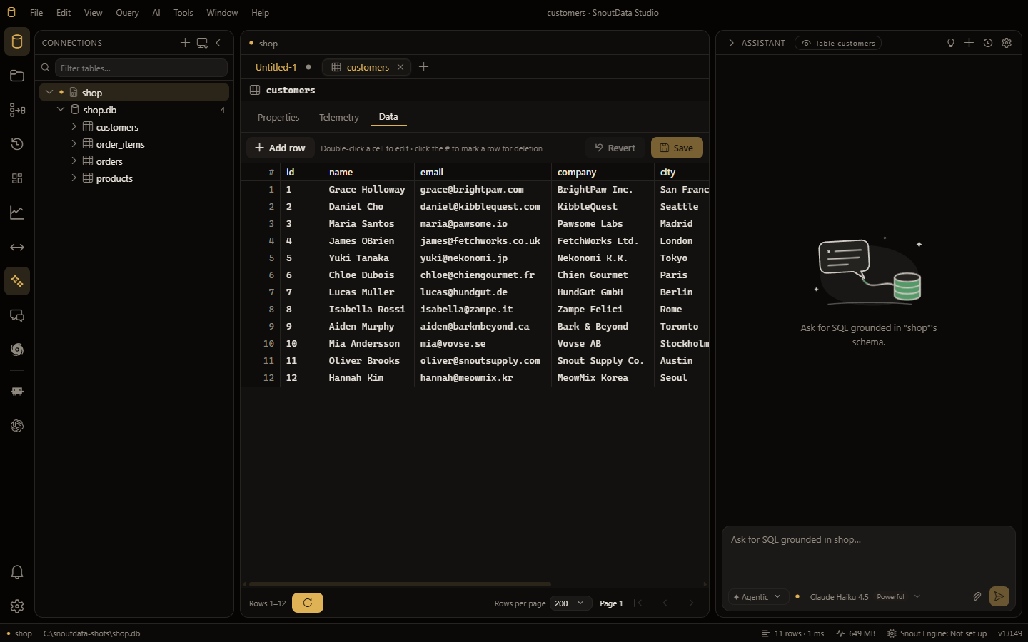 A table opened from the explorer: its rows in the grid, with Add row, Revert and Save for editing in place
