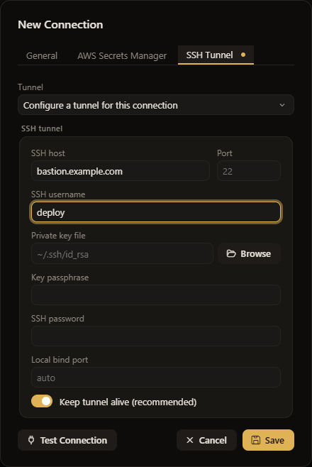 The SSH Tunnel tab of a connection: the SSH host and port, the user, a private key file or password, and Keep tunnel alive