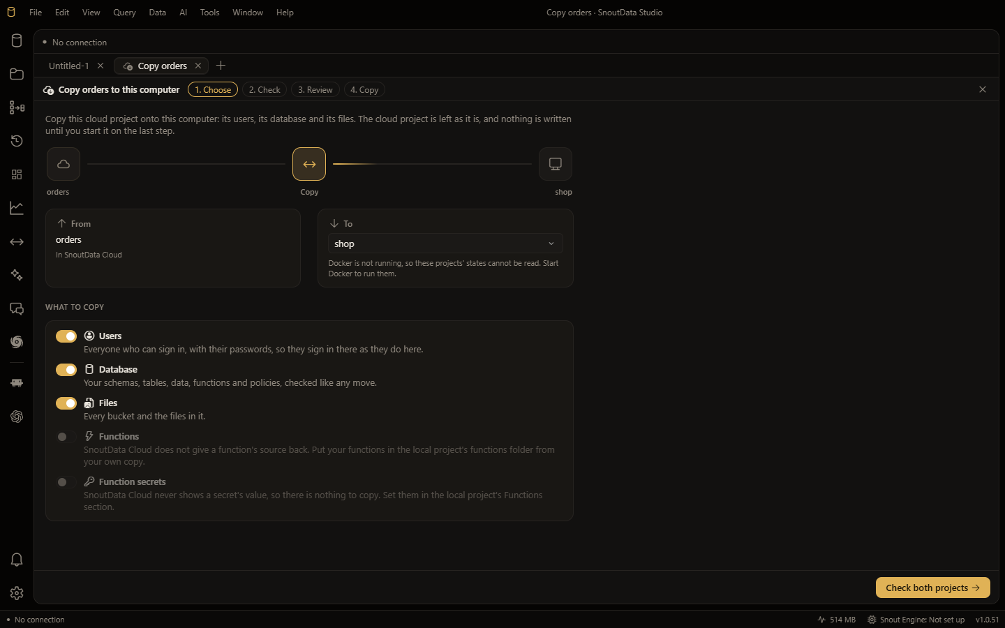 Copying the cloud project orders to the local project shop: users, database and files switched on, functions and function secrets off, each with the reason